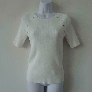 New AKRIS White Round Neck Short Sleeve Cotton Knit Top Rib Eyelet Detail 8, 10